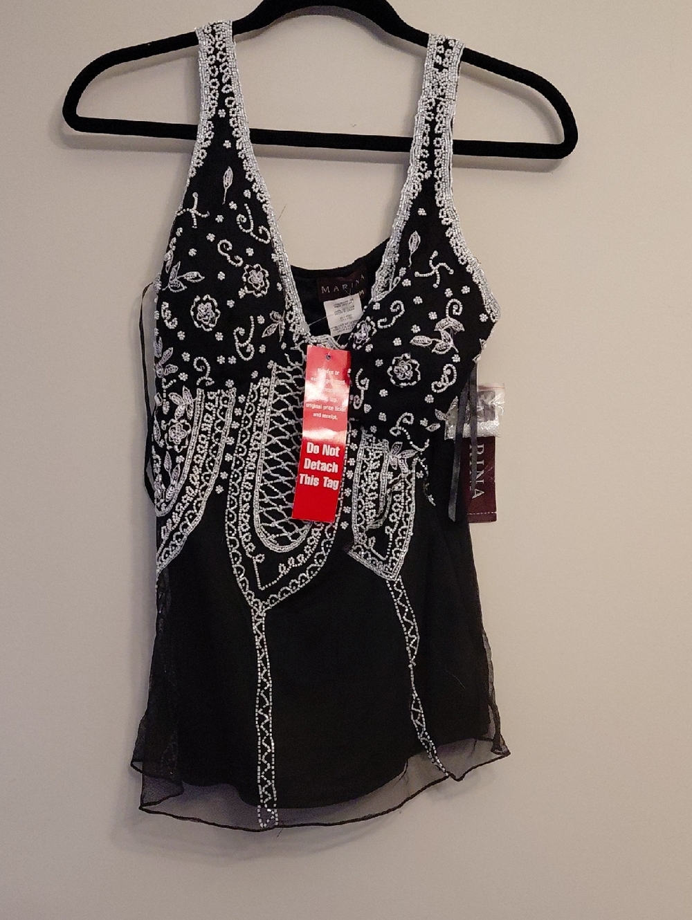 MARINA Black Top with White Embroidered Beadwork